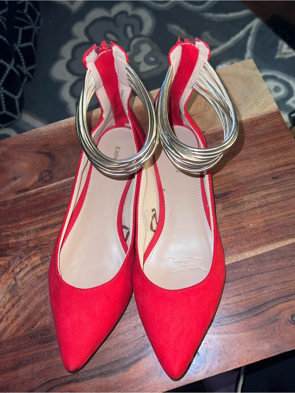 Express Size 7 Red Pointed Toe Flats Gold Multi Strand Ankle Cuff